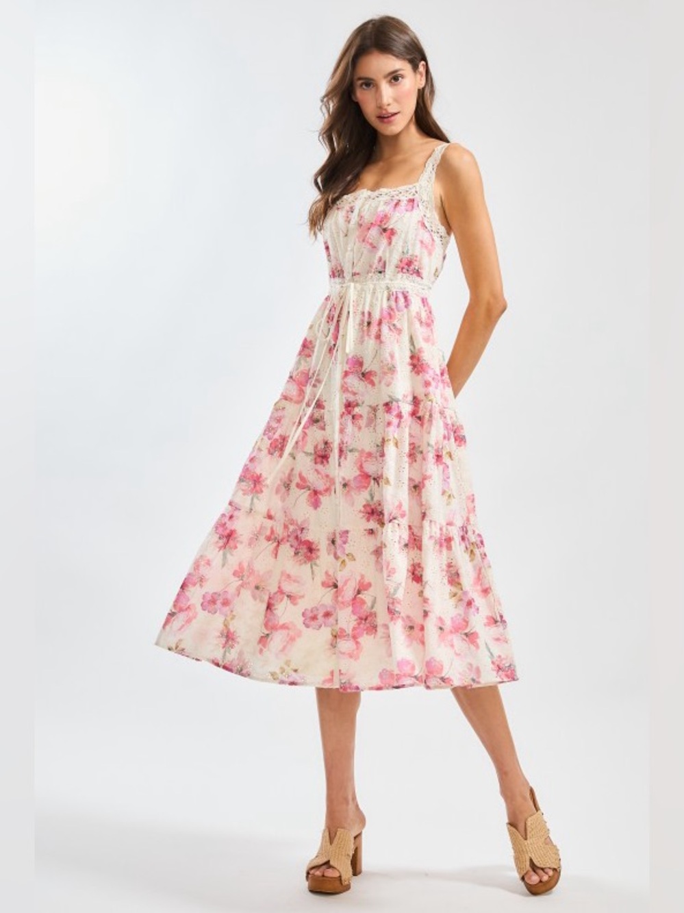 Camellia Pink Floral Lace-Trim Midi Dress